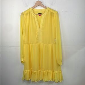 Vince Camuto Yellow Chiffon Dress Baby Doll Split neck tiered long sleeve Small